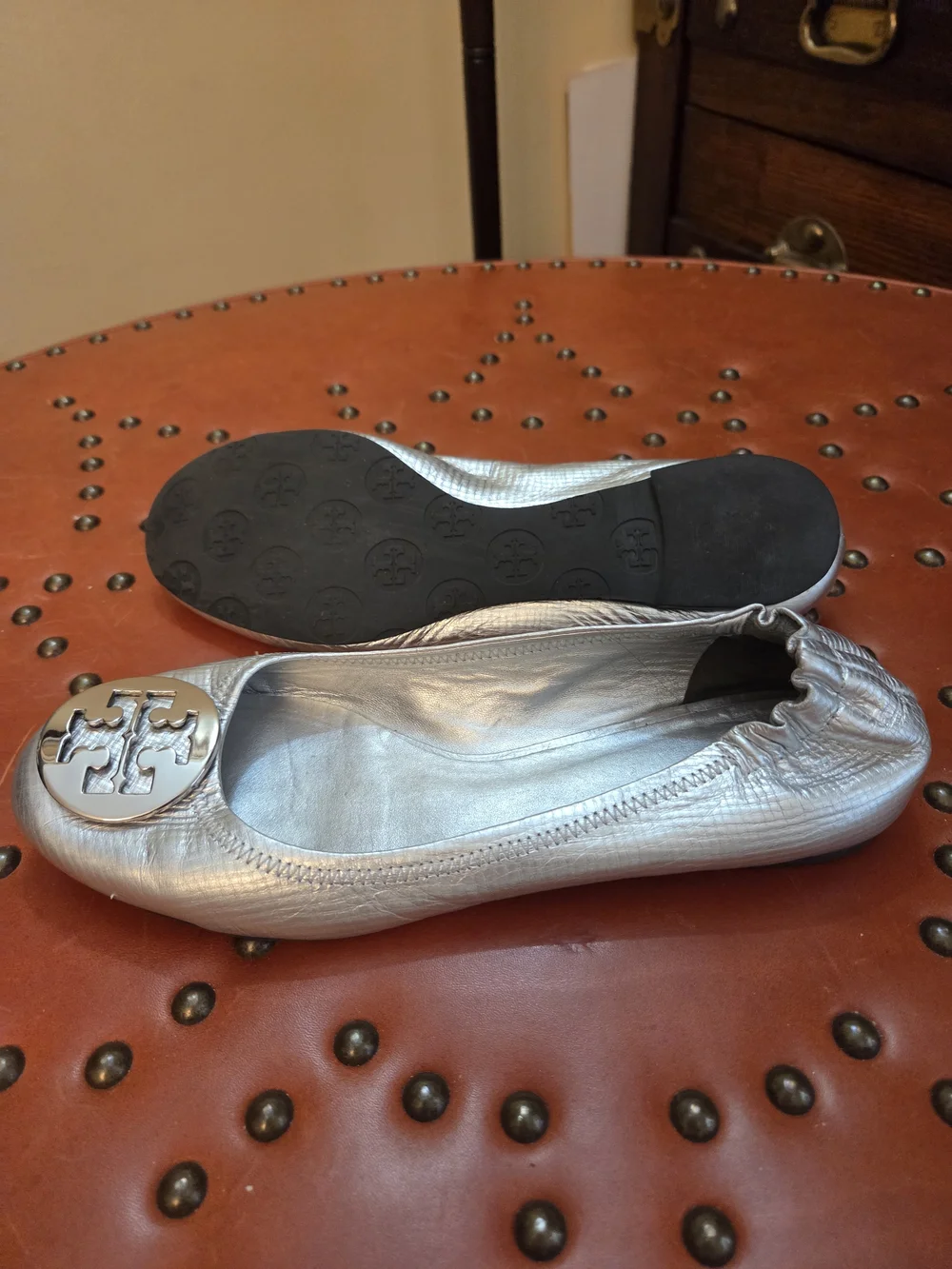 Tory Burch Metallic Silver Logo Ballet Flats